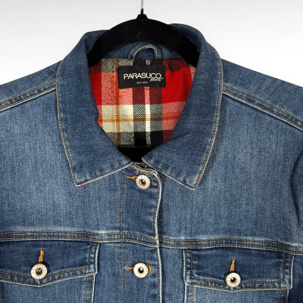 Classic Denim Jacket with Plaid Accents - Picture 6 of 9